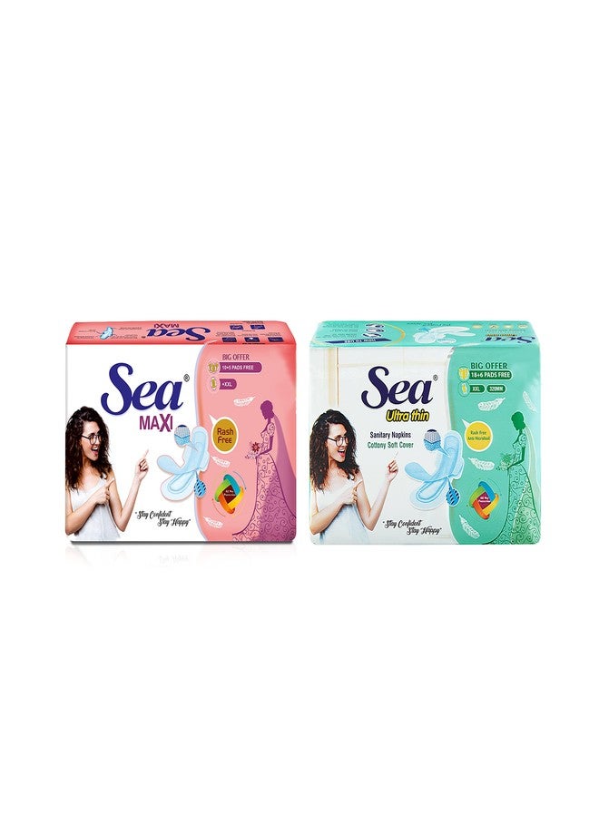 Sea Ultra Thin Cotton Sanitary Pads for Women | Up to 100% Leakage Protection, Locks Odour & Wetness | Ultra Hygiene, Rash Free Cotton Soft | Pack of 39 (24 pcs Ultra Thin XXL+ 15 pcs Maxi XXL) - Image 1